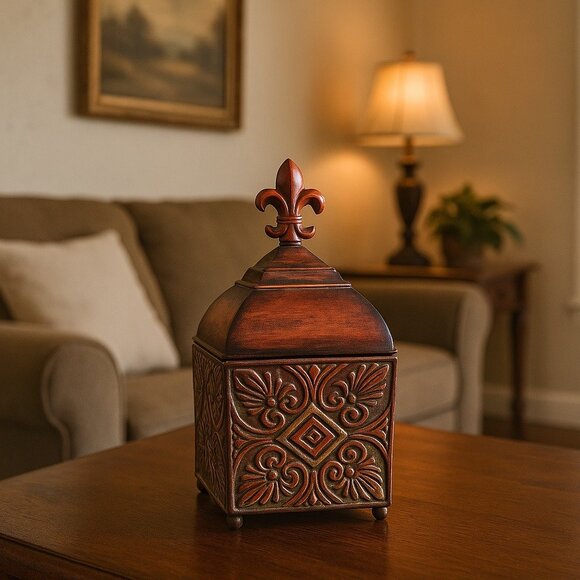Kirkland’s Decorative Metal Storage Box with Fleur-de-Lis Finial – Red and Gold - Picture 5 of 5